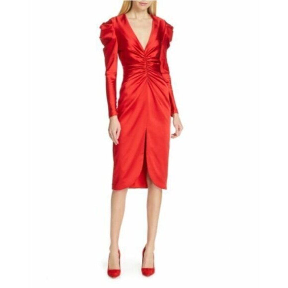 Jonathan Simkhai Red Satin Dress Midi Puff Sleeve High Slit SZ 4 New